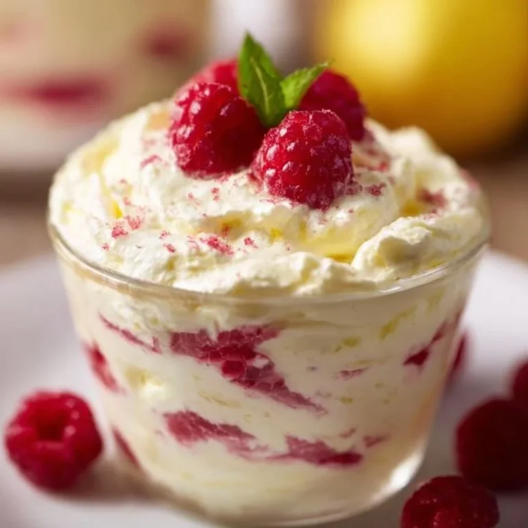 Delicious Lemon Raspberry Fluff dessert with fresh lemon and raspberry