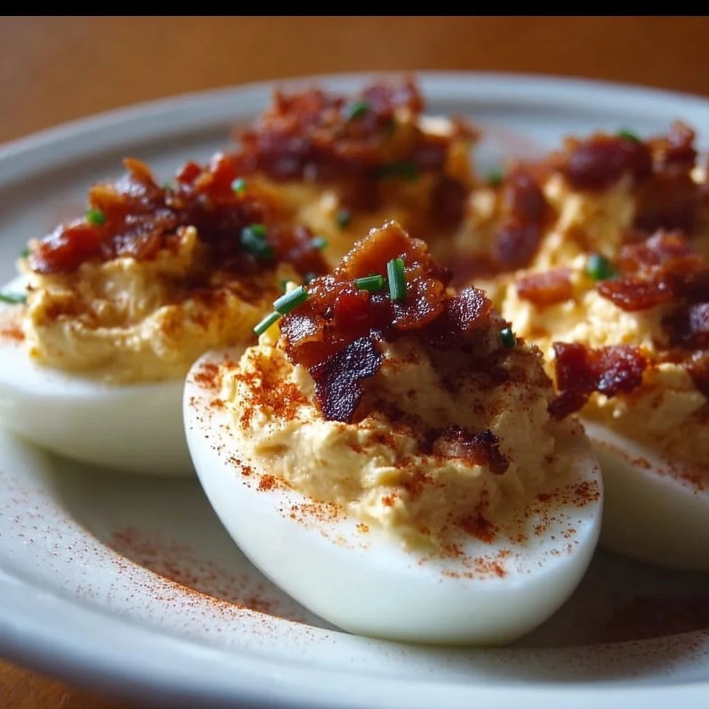 Million Dollar Bacon Deviled Eggs topped with crispy bacon and herbs