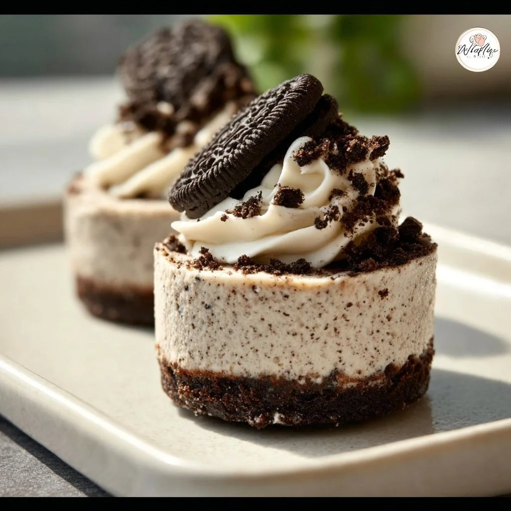 Mini gluten-free and dairy-free Oreo cheesecakes topped with crushed Oreos.