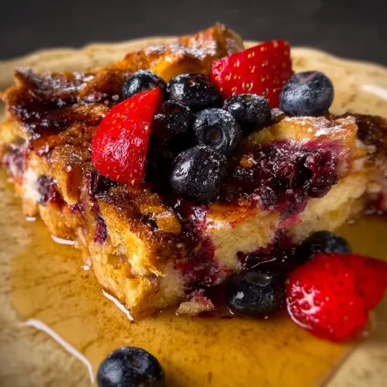 Mixed Berry French Toast Casserole topped with fresh berries and syrup