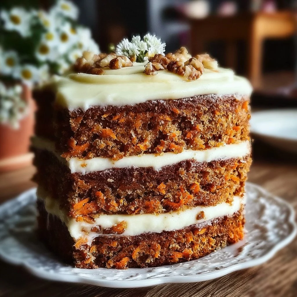 Slice of Mom's Legendary Carrot Cake topped with cream cheese frosting