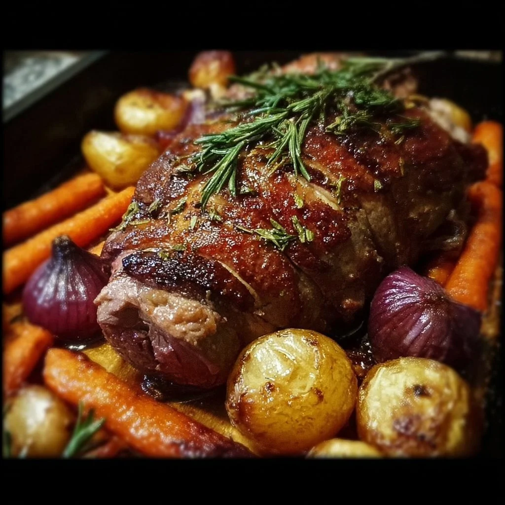Oven-roasted leg of lamb with seasonal vegetables on a serving platter