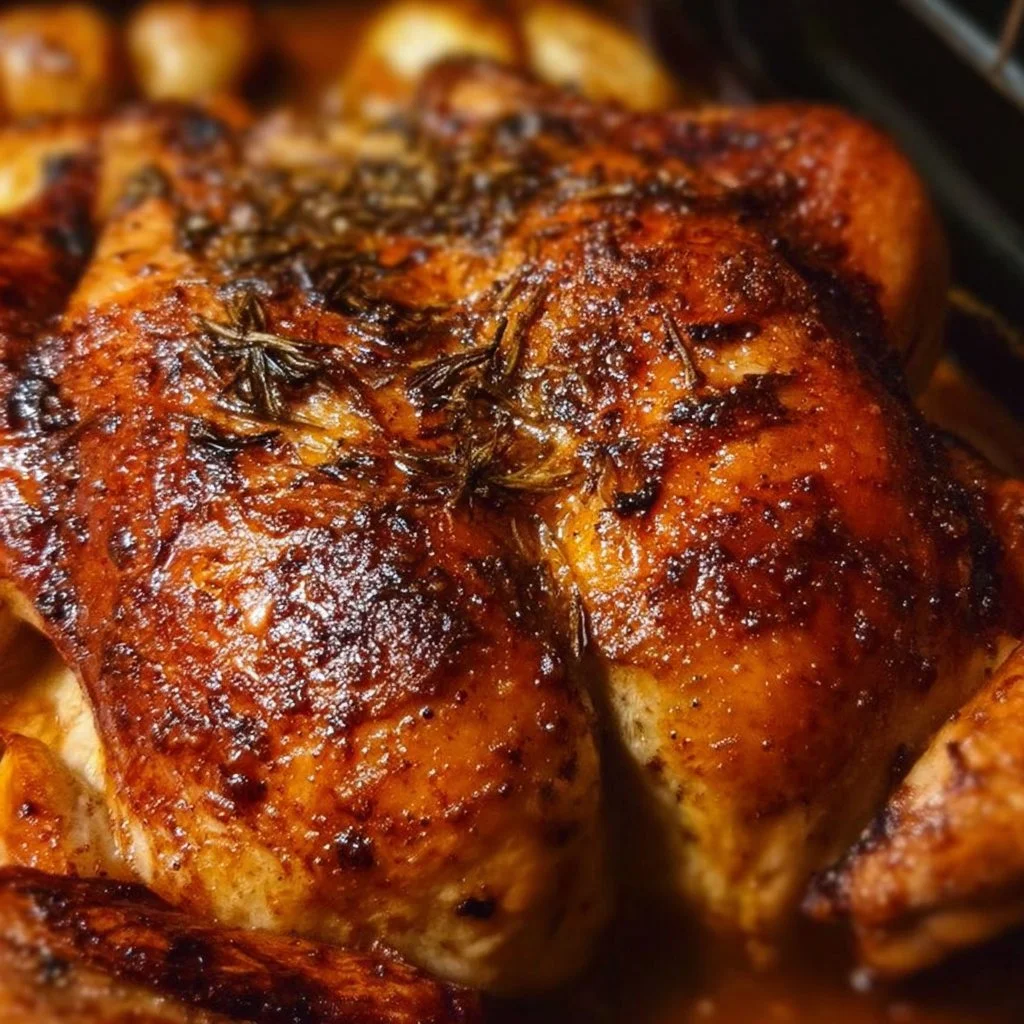Oven roasted spatchcock chicken with herbs and spices, golden brown and crispy.