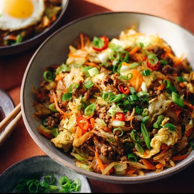 A Paleo egg roll in a bowl featuring fresh vegetables and seasonings
