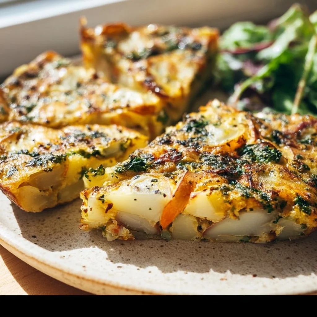 Paleo Potato Frittata with fresh herbs and colorful vegetables on a plate