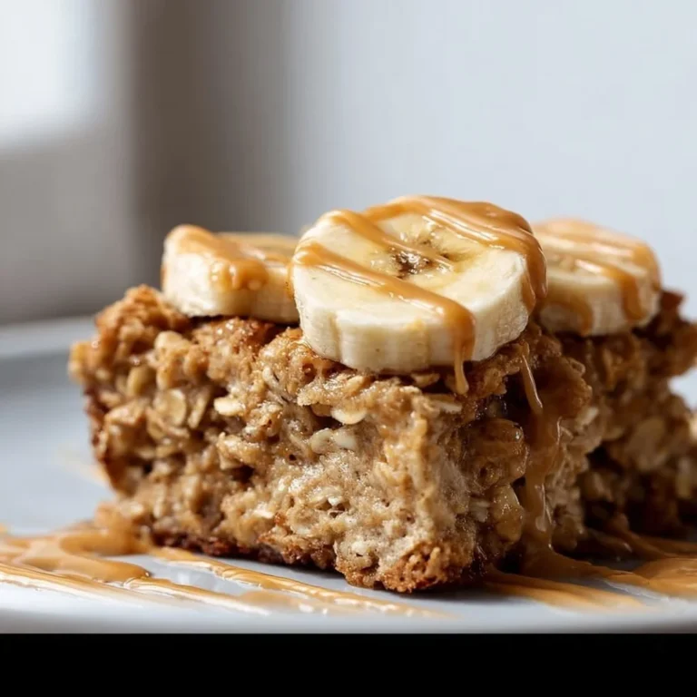 Delicious peanut butter banana baked oatmeal served in a bowl