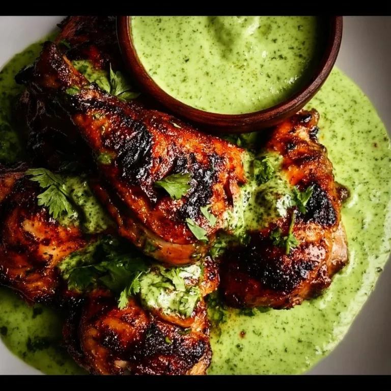 Delicious Peruvian grilled chicken with creamy green sauce on a plate