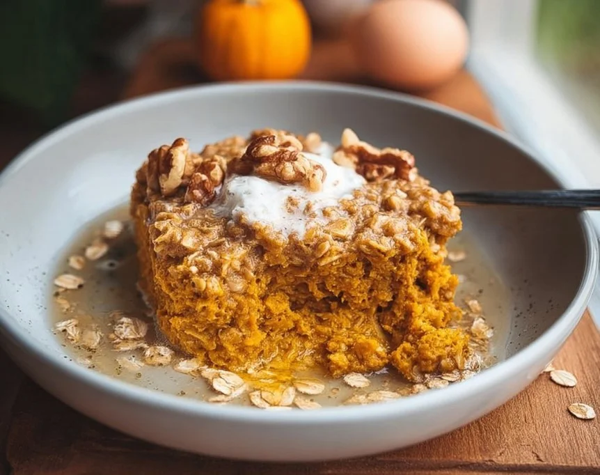 Delicious Pumpkin Baked Oatmeal served in a bowl with a sprinkle of cinnamon.