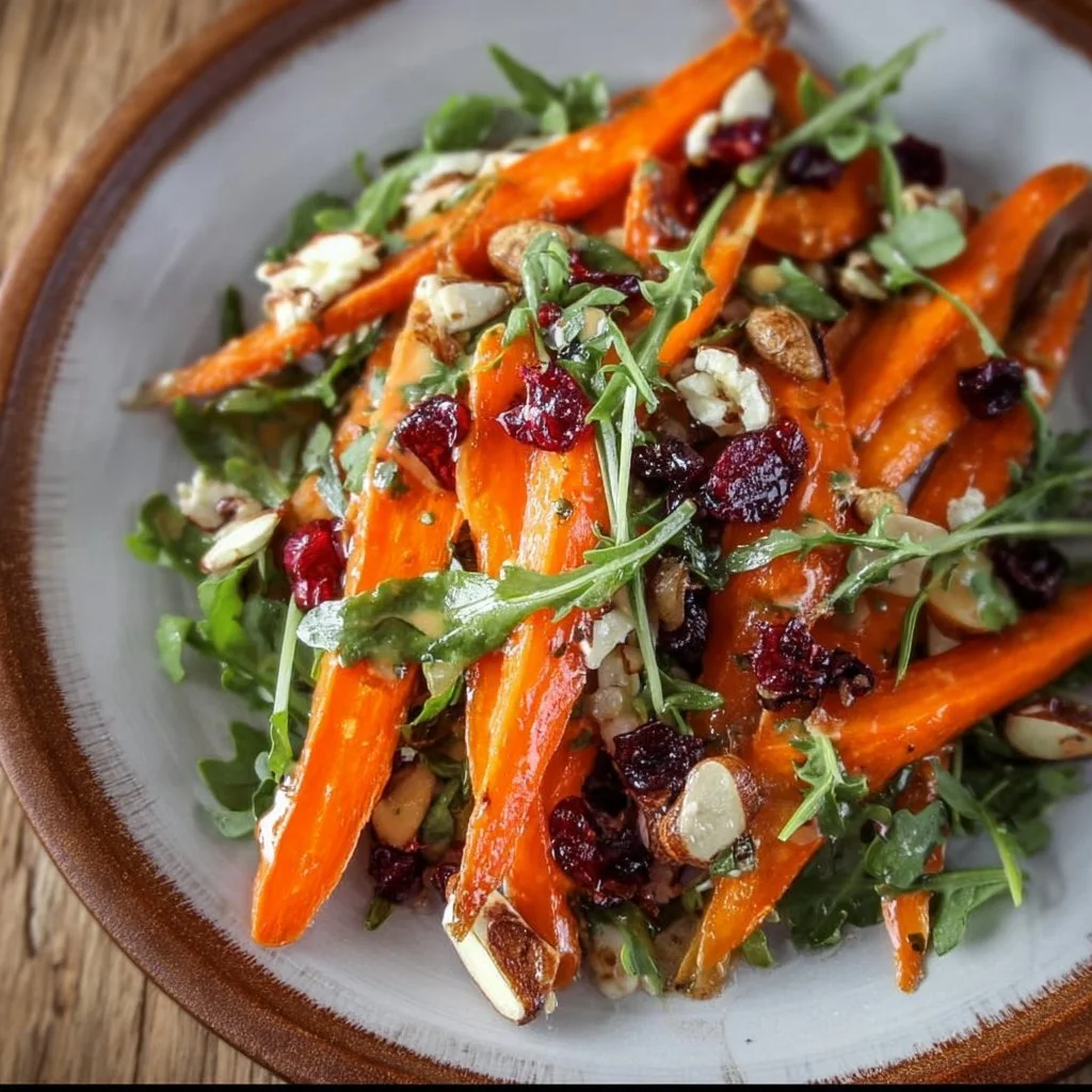 Colorful roasted carrot salad with fresh greens and vinaigrette dressing