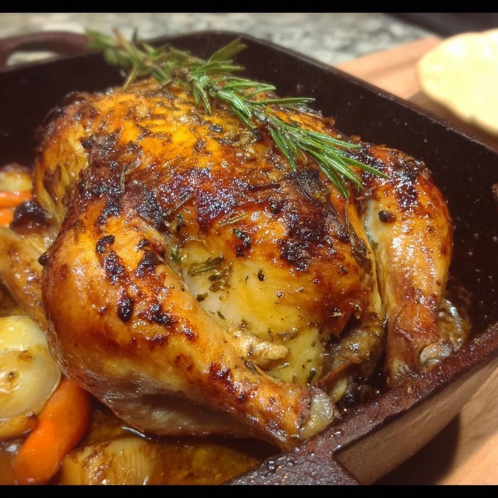 Deliciously roasted chicken served with herbs and spices