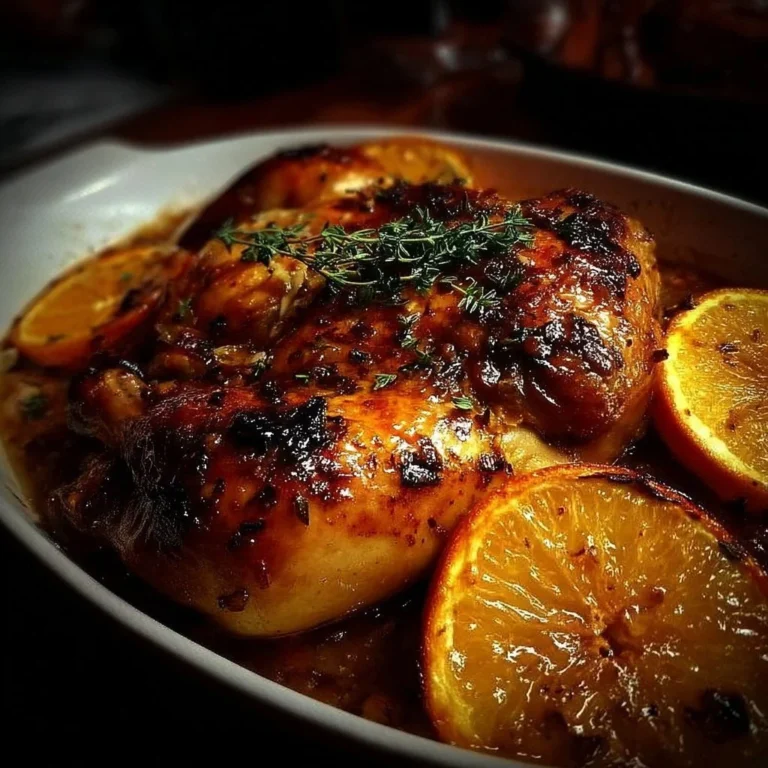 Plate of roasted orange chicken garnished with fresh herbs and served with vegetables