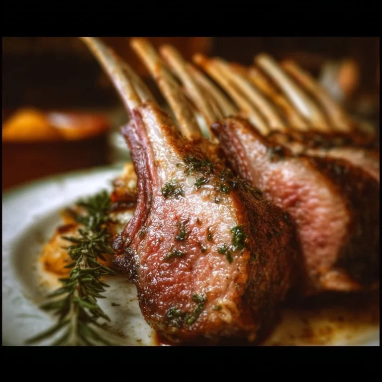 Perfectly roasted rack of lamb served with herbs and spices.