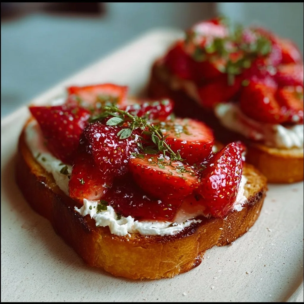 Roasted strawberry whipped ricotta toast topped with fresh strawberries.