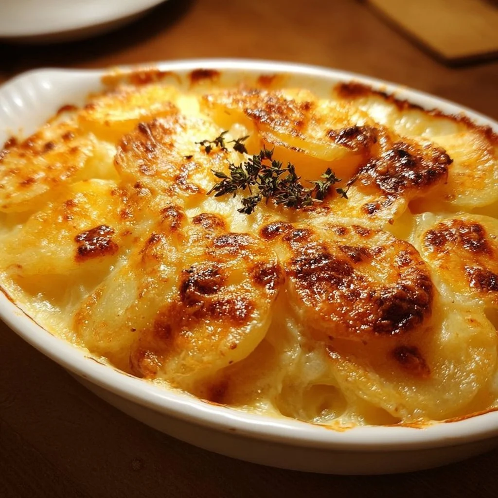 Deliciously baked scalloped potatoes topped with cheese and herbs