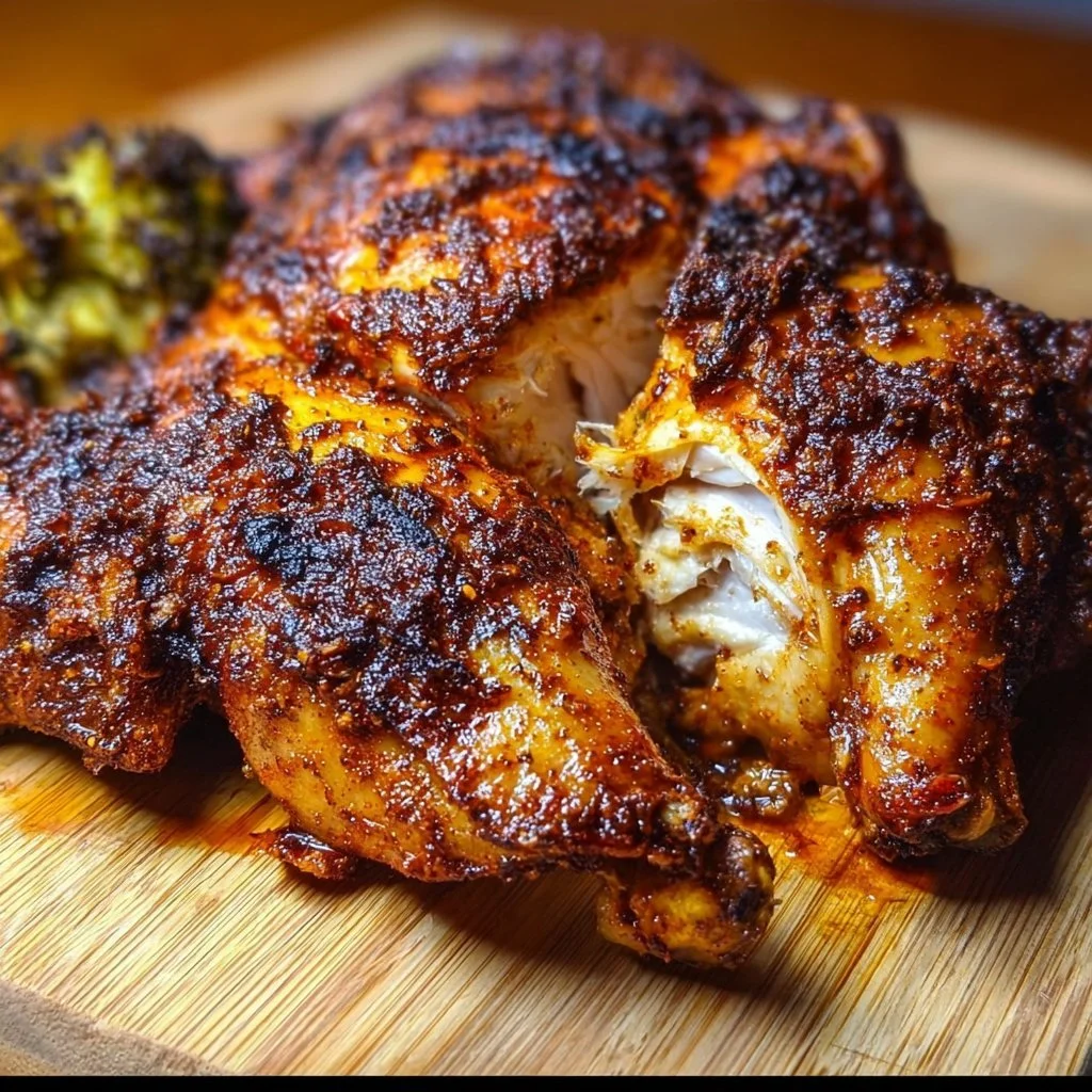 Crispy spatchcock chicken with golden skin and juicy meat on a wooden cutting board.