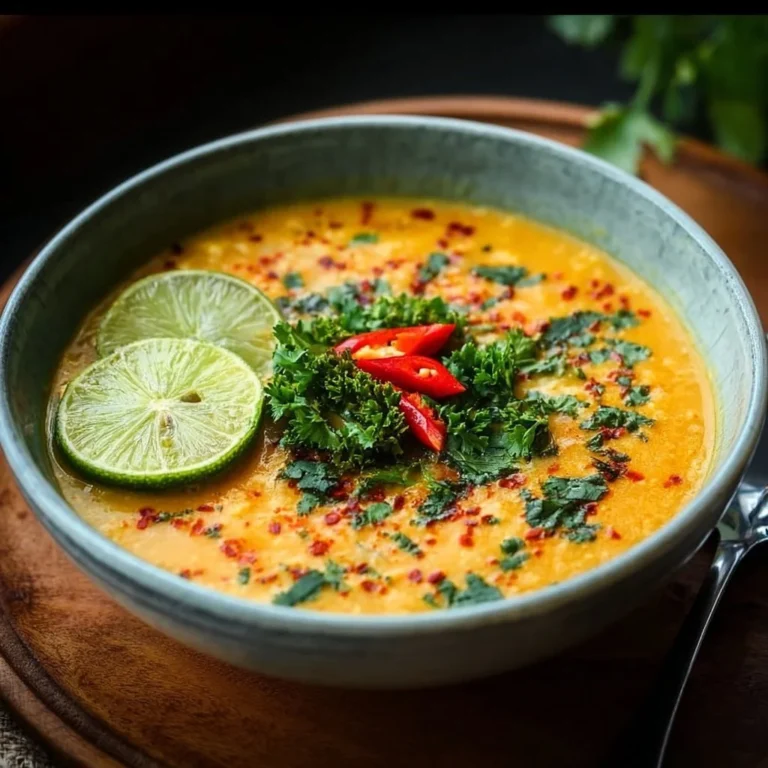 Bowl of Thai Coconut Red Lentil Soup garnished with fresh herbs