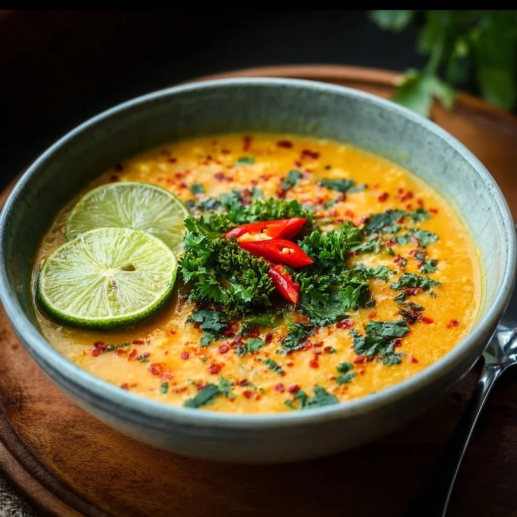 Bowl of Thai Coconut Red Lentil Soup garnished with fresh herbs
