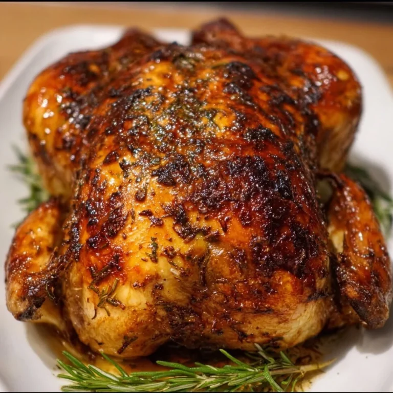 Aromatic roast chicken garnished with herbs and spices on a serving plate.