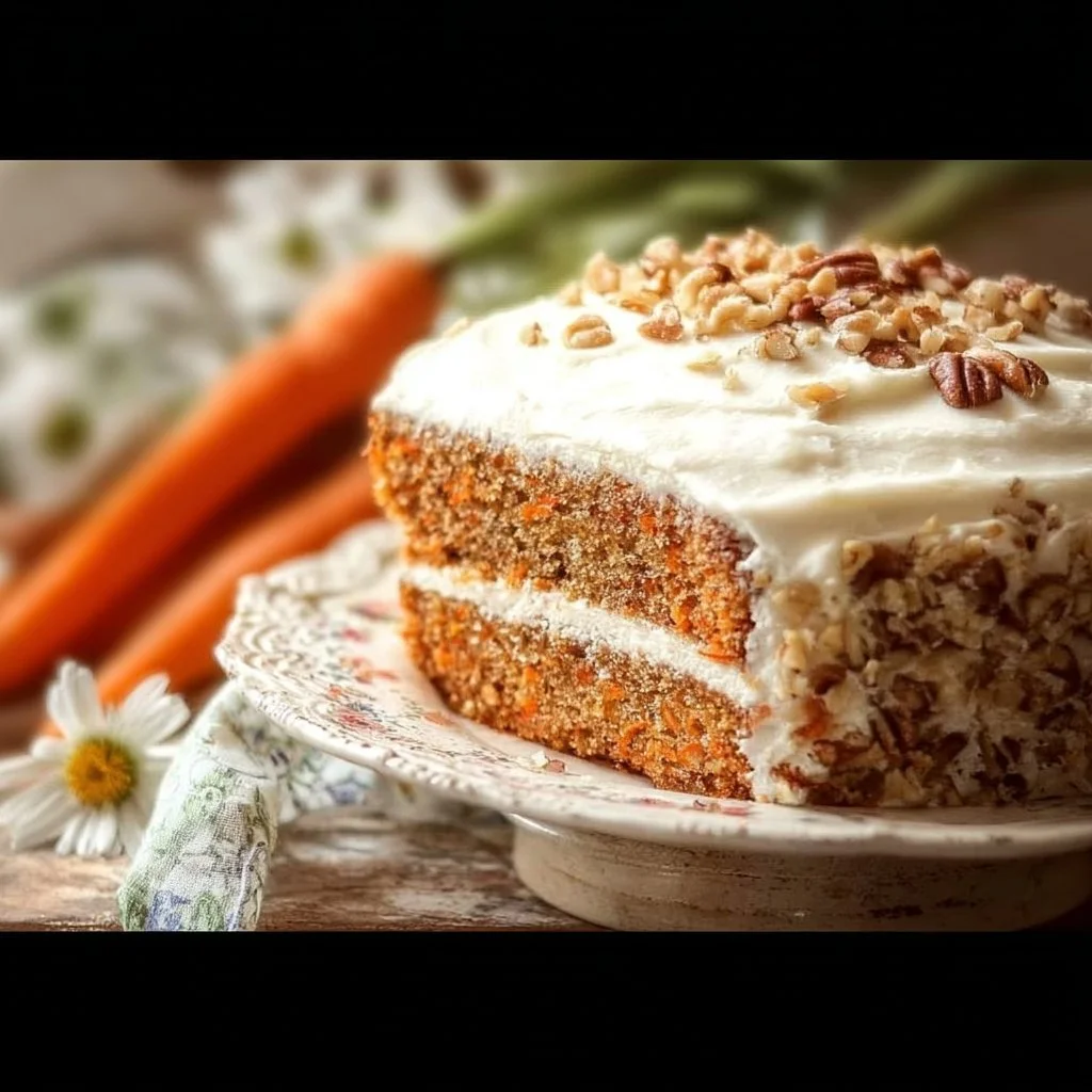 Deliciously layered ultimate carrot cake topped with cream cheese frosting.