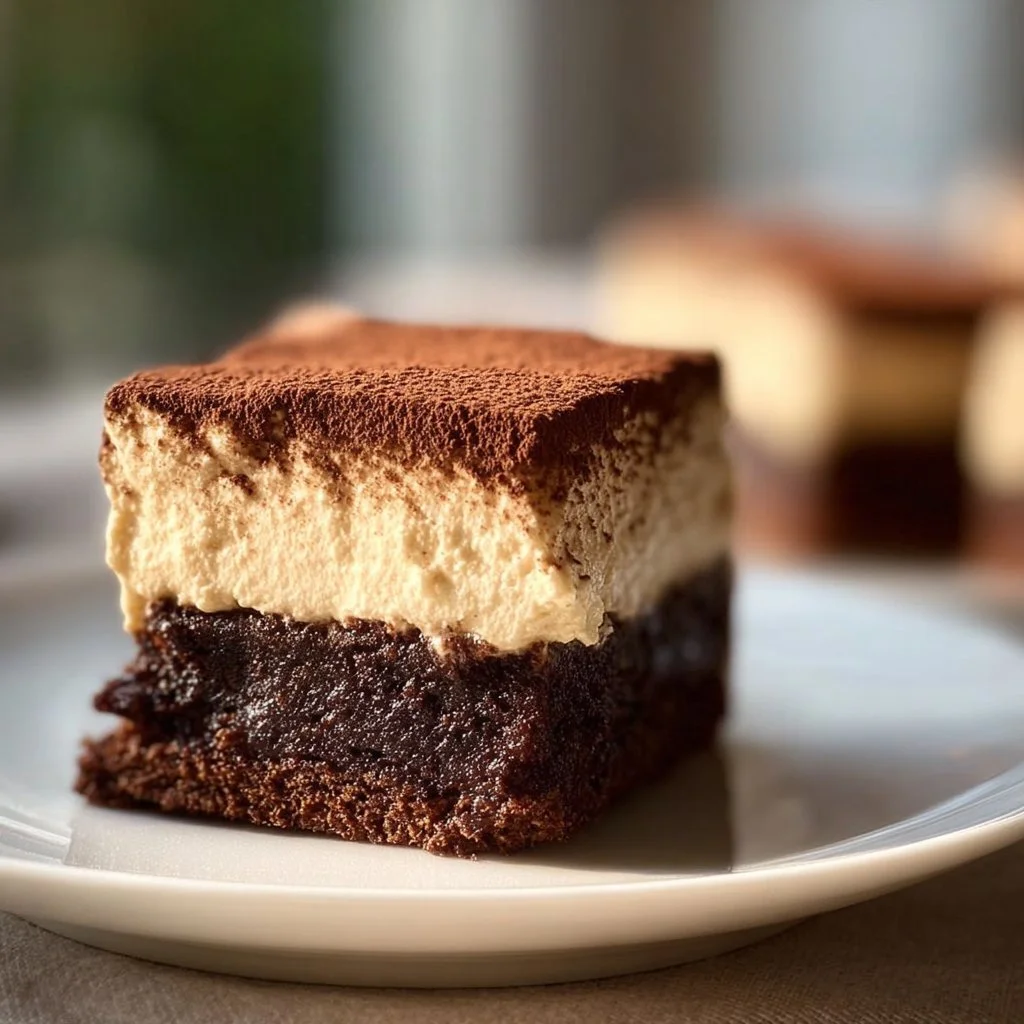 Delicious homemade tiramisu brownies topped with cocoa powder and coffee flavor