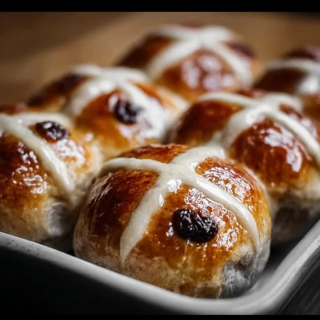 Traditional Easter hot cross buns made with spices and currants