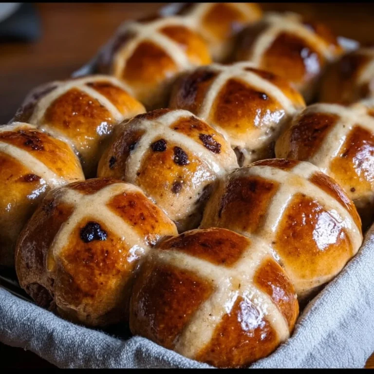 Freshly baked traditional hot cross buns with spices and a cross on top