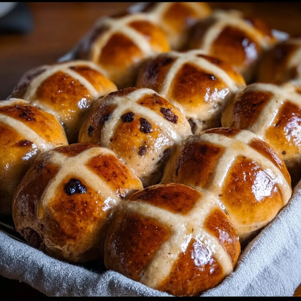 Freshly baked traditional hot cross buns with spices and a cross on top
