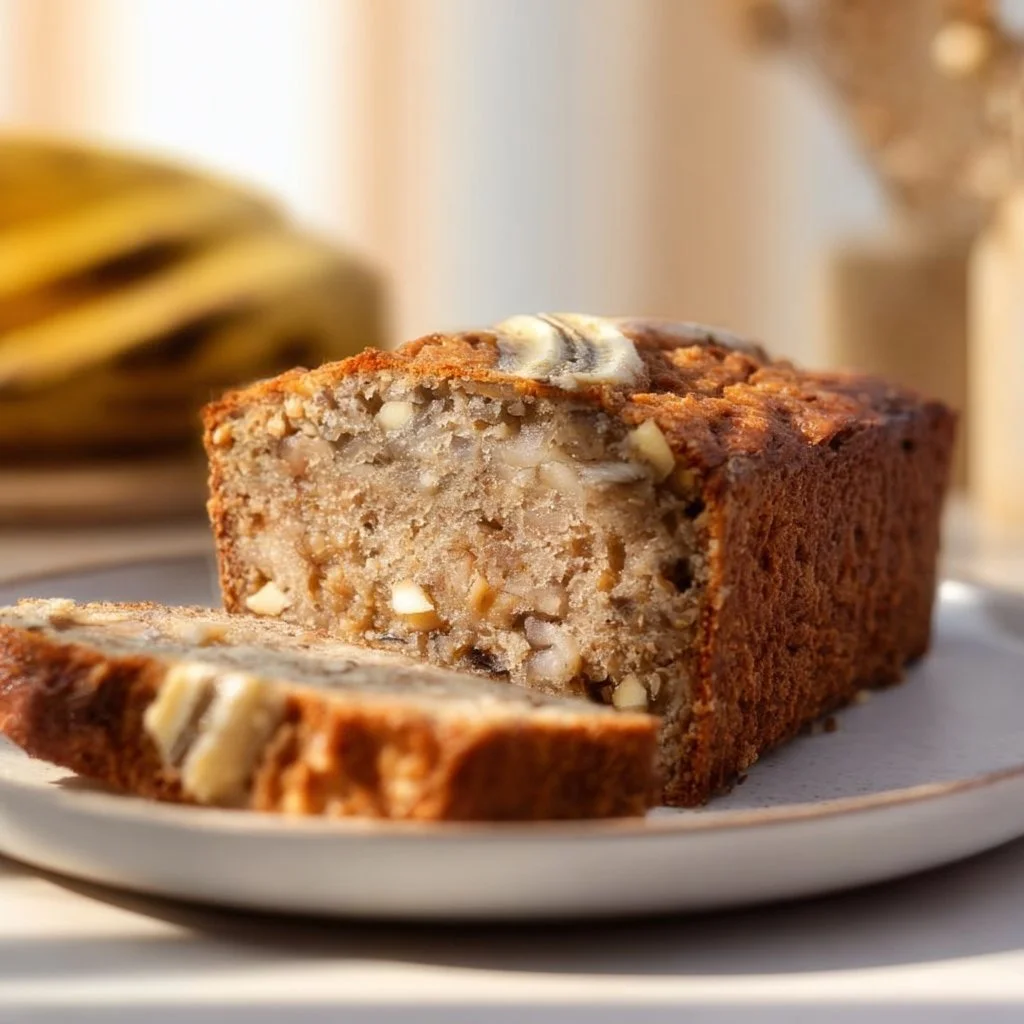 Scheiben von frisch gebackenem Bananen-Apfel-Brot auf einem Holzbrett