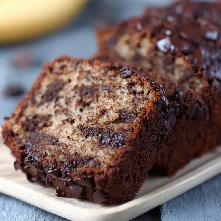 Leckeres Bananenbrot mit Schokolade auf einem Holzbrett serviert