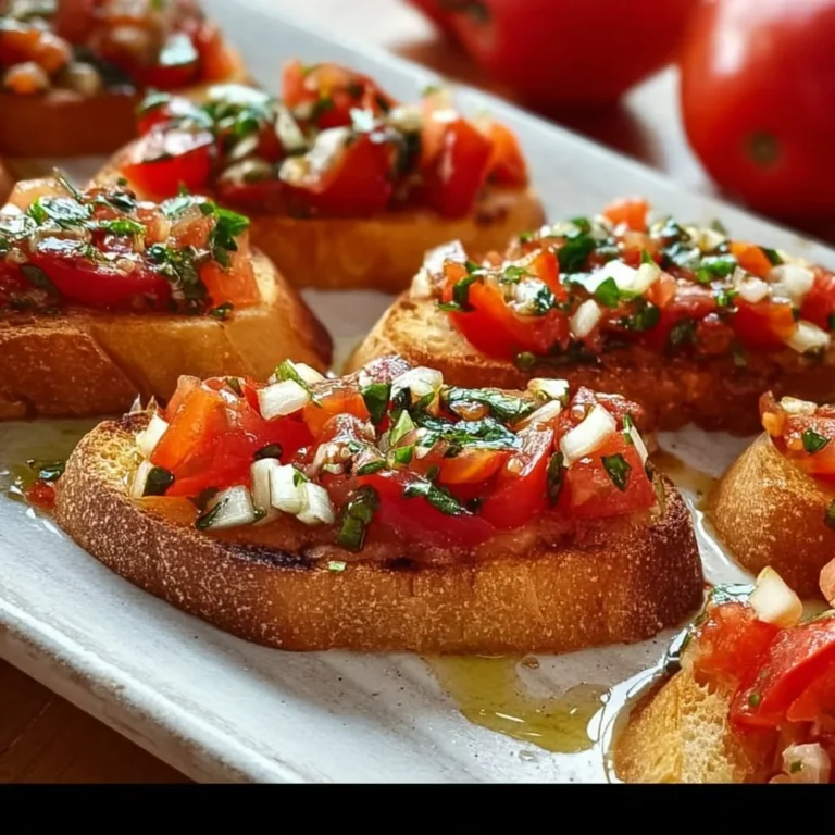 Bruschetta mit frischen Tomaten und Knoblauchöl auf einem Holzbrett serviert.