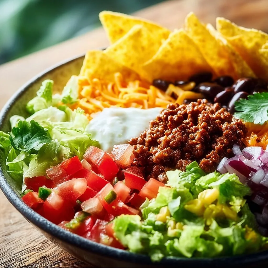 Burrito-Schale mit Rinderhackfleisch und frischen Zutaten im mexikanischen Stil