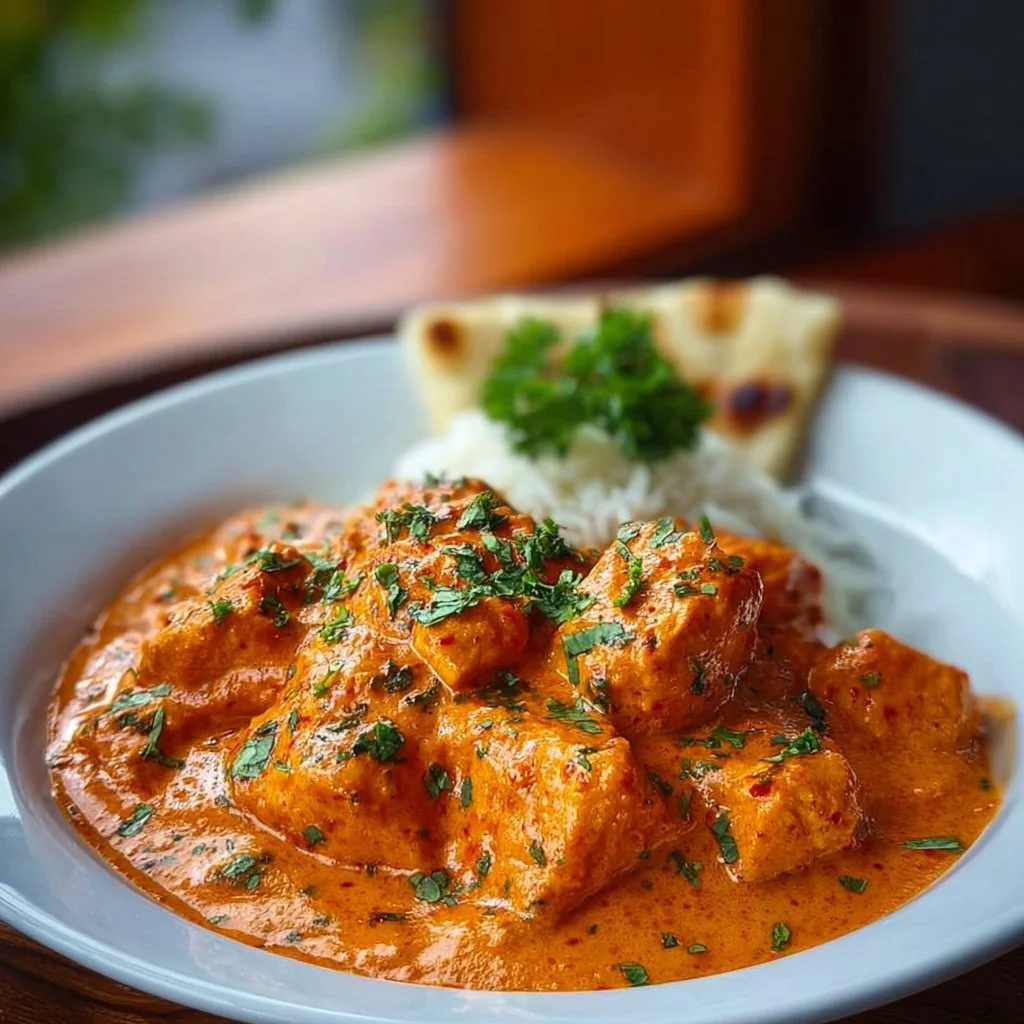 Butterhühnchen mit cremiger Sauce und frischen Kräutern serviert