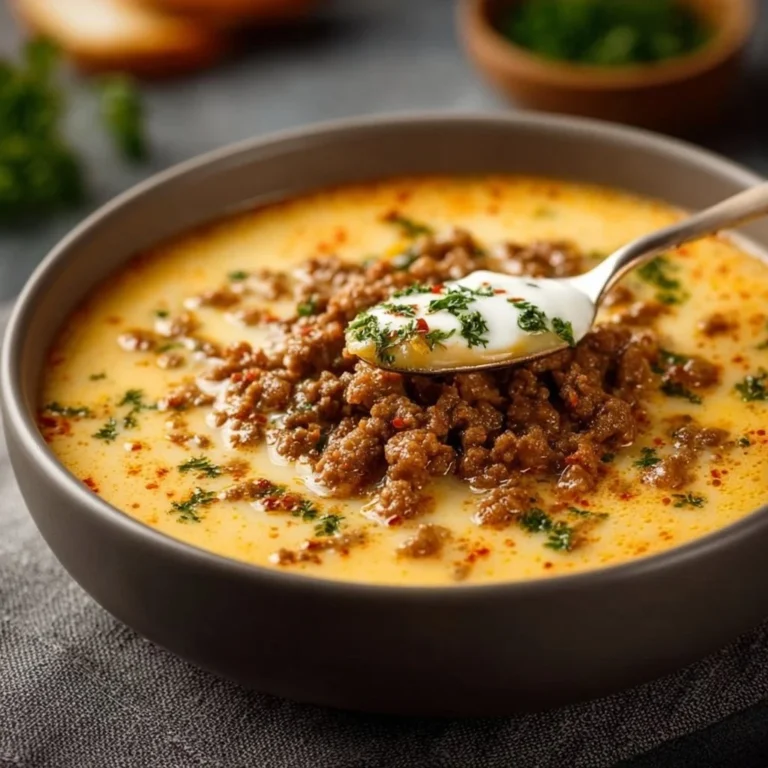 Cremige Käsesuppe mit Hackfleisch, serviert in einer Schüssel
