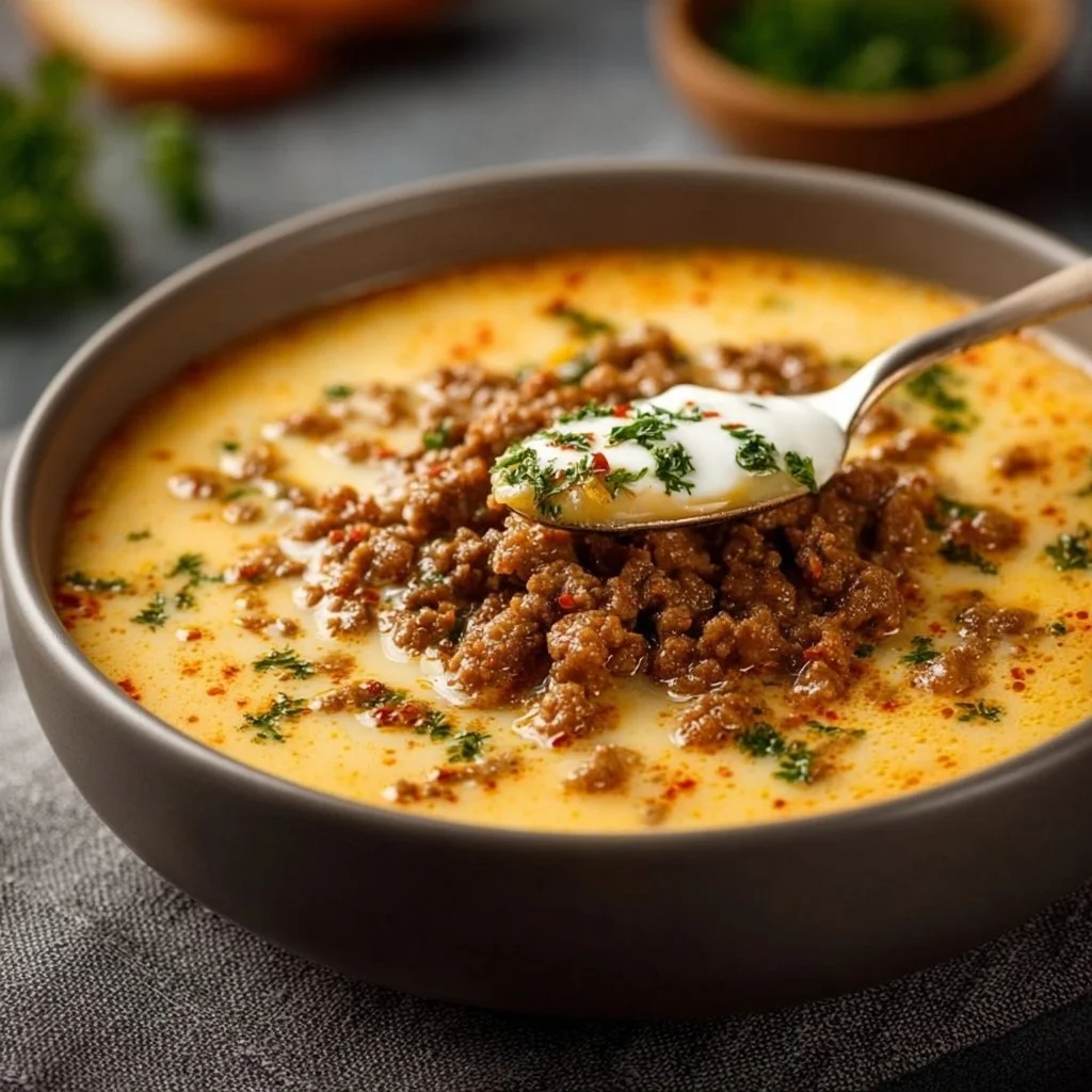 Cremige Käsesuppe mit Hackfleisch, serviert in einer Schüssel