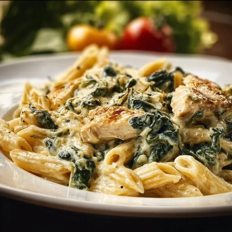 Cremige Pasta mit Hähnchen und Spinat auf einem weißen Teller serviert