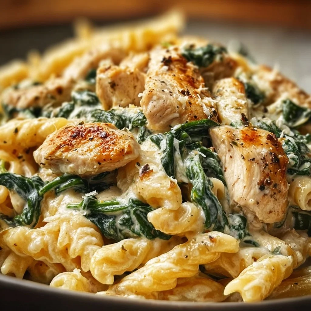 Cremige Pasta mit Hähnchen und Spinat