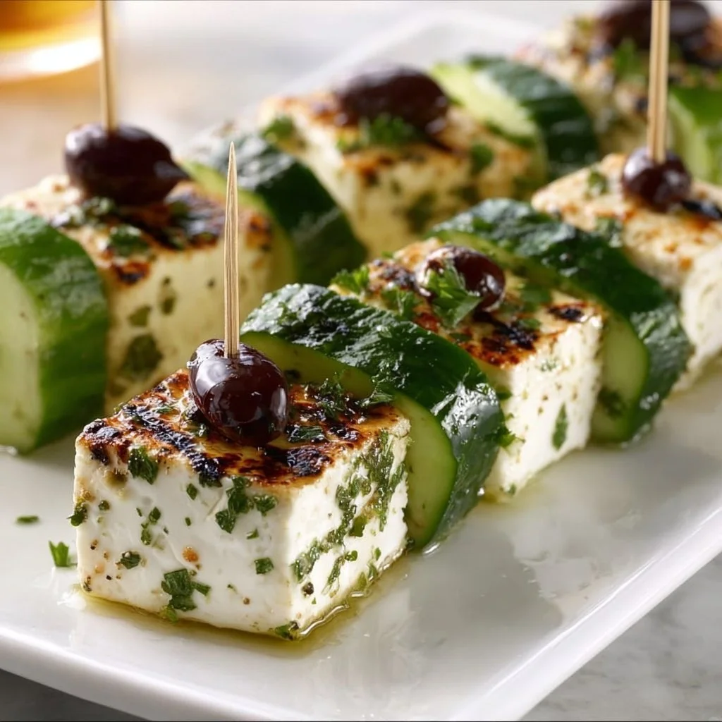 Einfache Feta Spieße mit Gurke auf einem Tisch angerichtet