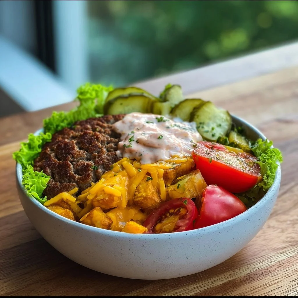 Gesunde Burger Schüssel mit frischen Zutaten und köstlichem Dressing