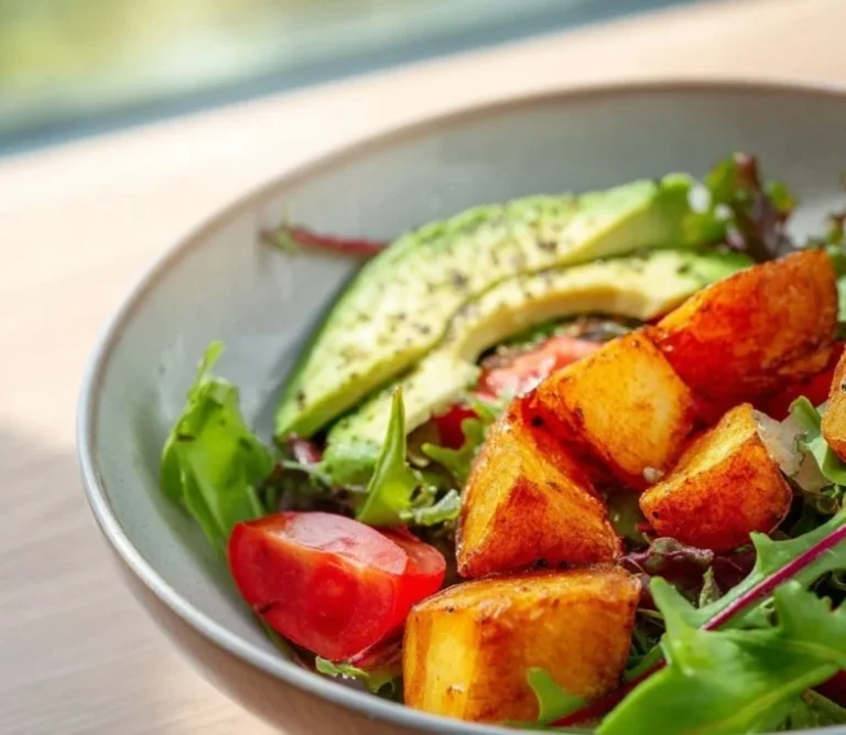 Gesunde Salat Bowl mit knusprigen Kartoffeln auf einem Holztisch