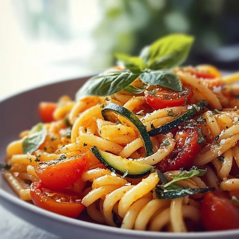 Gesunde Tomaten-Zucchini-Pasta auf einem Teller mit frischen Kräutern