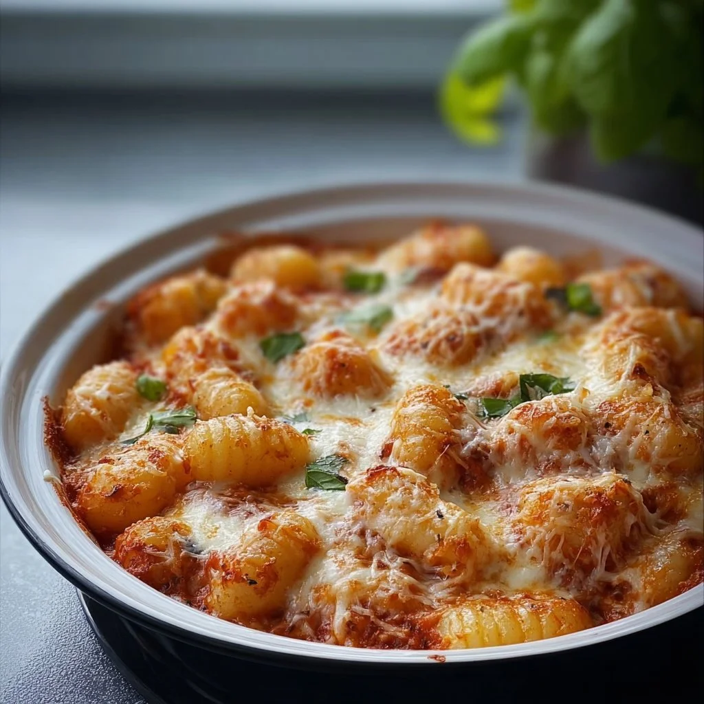 Leckerer Gnocchi Auflauf aus dem Airfryer mit geschmolzenem Käse