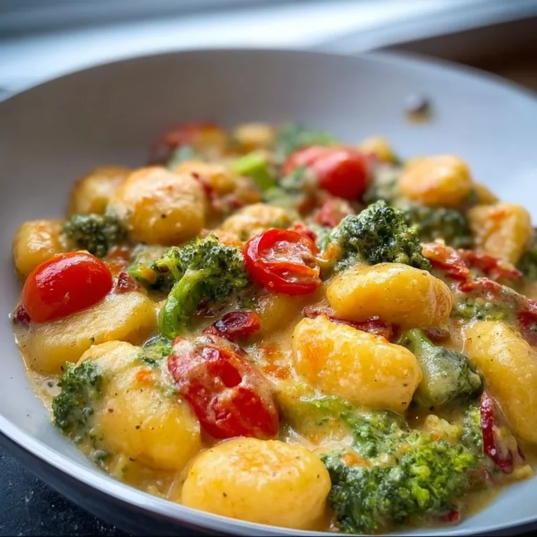 Gnocchi Pfanne mit Brokkoli, Tomaten und Pestorahm auf einem Teller serviert