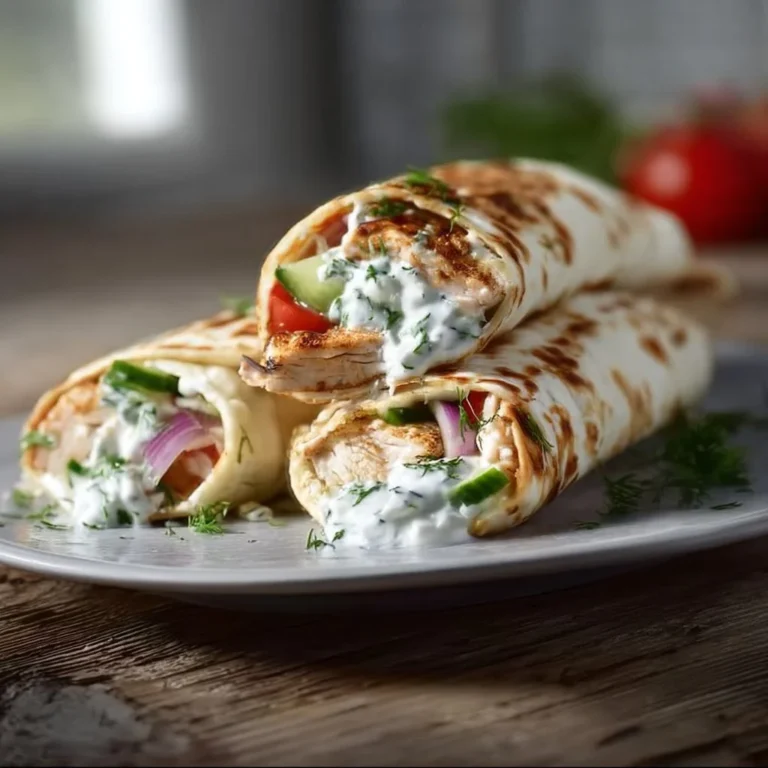 Griechische Hühnchenwraps mit frischem Tzatziki auf einem Teller serviert