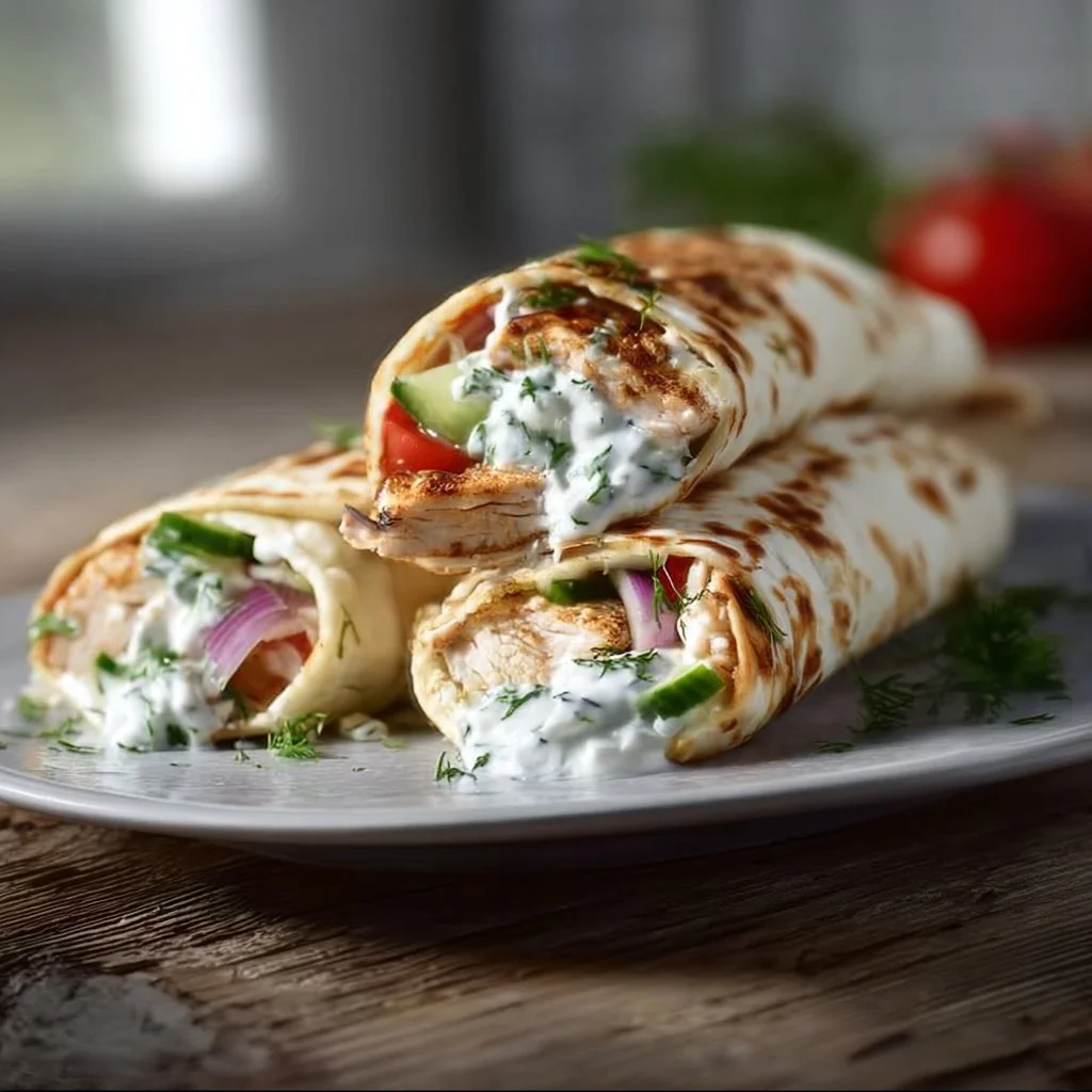 Griechische Hühnchenwraps mit frischem Tzatziki auf einem Teller serviert