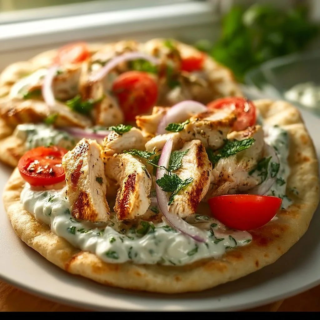 Griechisches Fladenbrot mit Hähnchen und Tzatziki auf einem Teller angerichtet