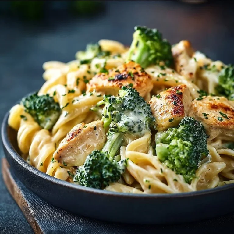 Cremige Hähnchen Brokkoli Pasta auf einem Teller angerichtet.