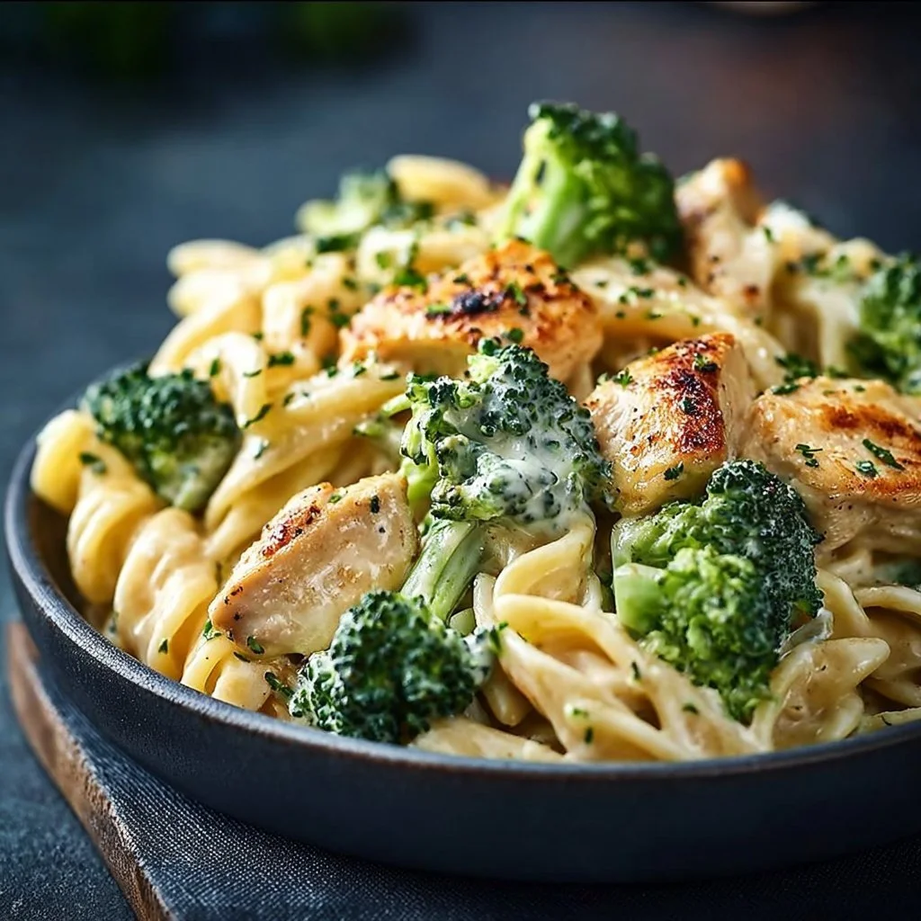 Cremige Hähnchen Brokkoli Pasta auf einem Teller angerichtet.