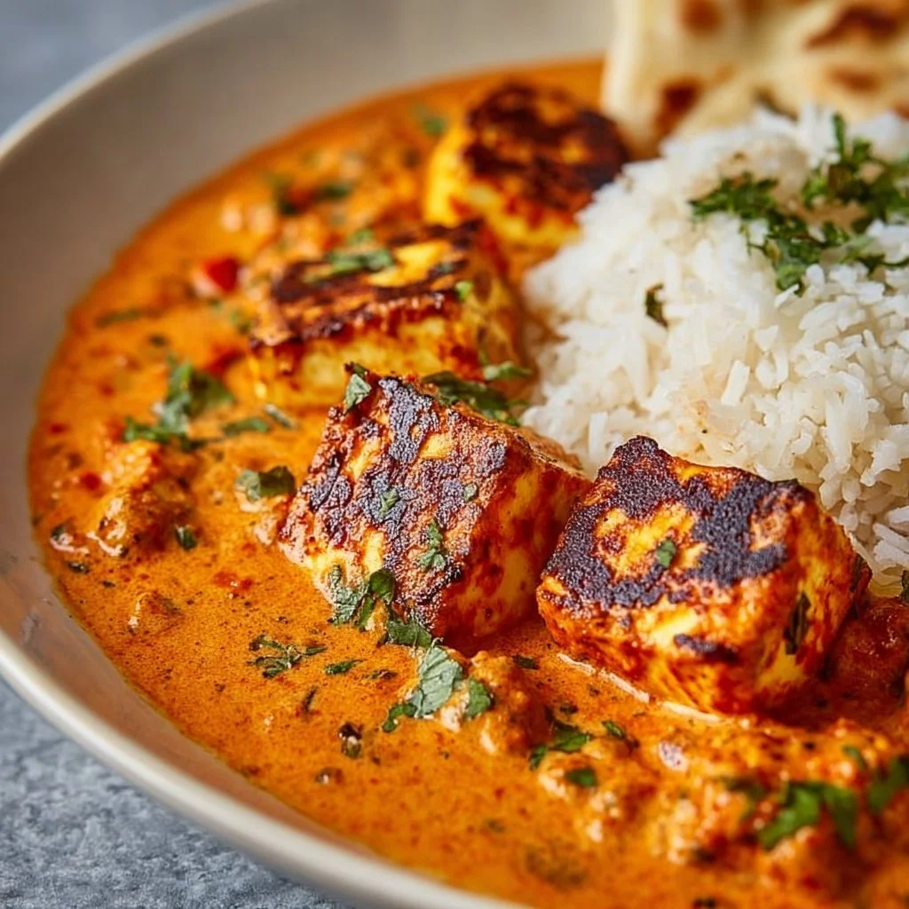 Halloumi Tikka Masala - ein leckeres vegetarisches Gericht mit Halloumi und Gewürzen.