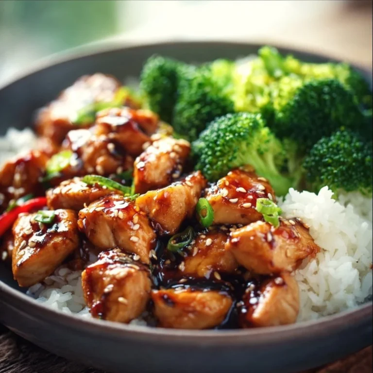 Hühnchen Teriyaki mit Brokkoli und Reis auf einem Teller serviert