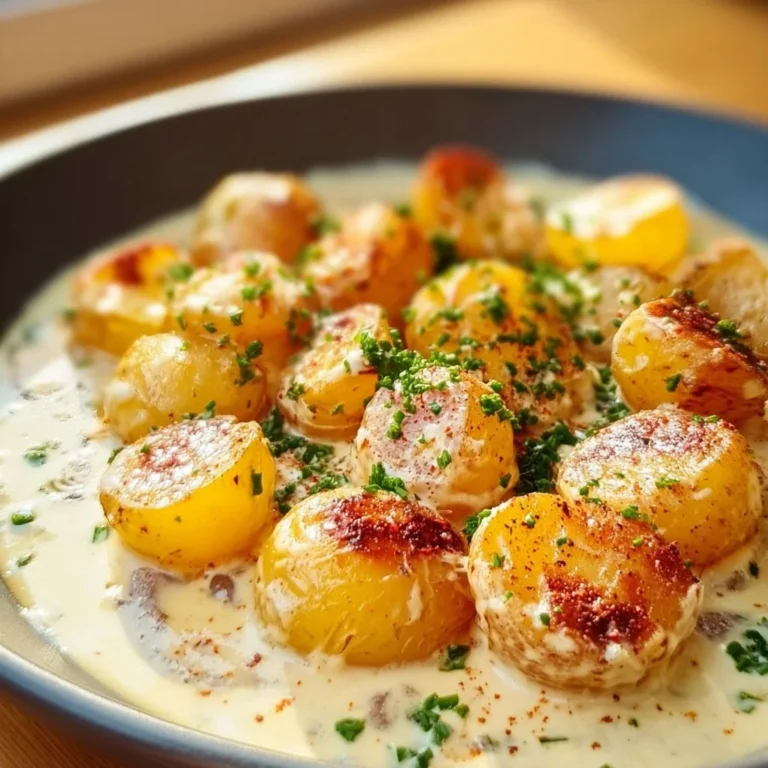 Leckere Kartoffeln in cremiger Knoblauch-Sahnesauce serviert auf einem Teller.
